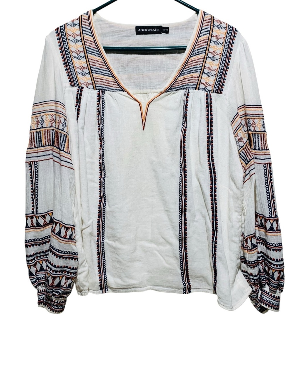 Women’s Bohemian Antik Batik White Embroidered Peasant Blouse Sz M